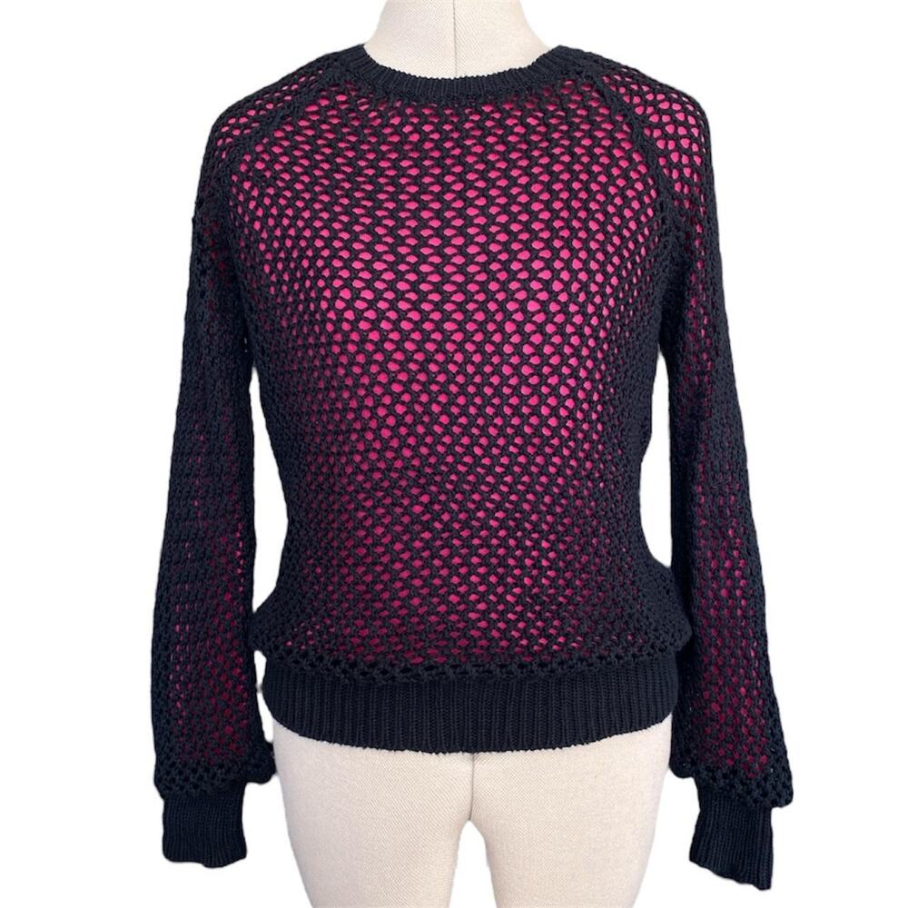 Grunge women's black + pink fishnet sweater, size XS/S